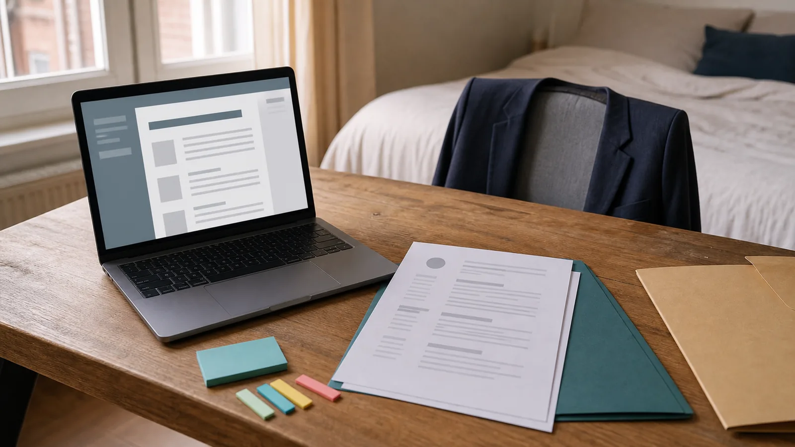 Laptop, CV papers, folder, and interview jacket in a home job search scene