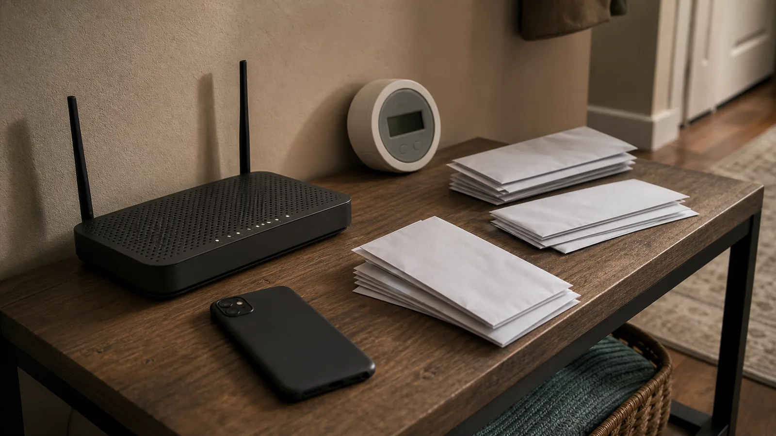 Home router, phone, thermostat, and envelopes for reviewing recurring bills