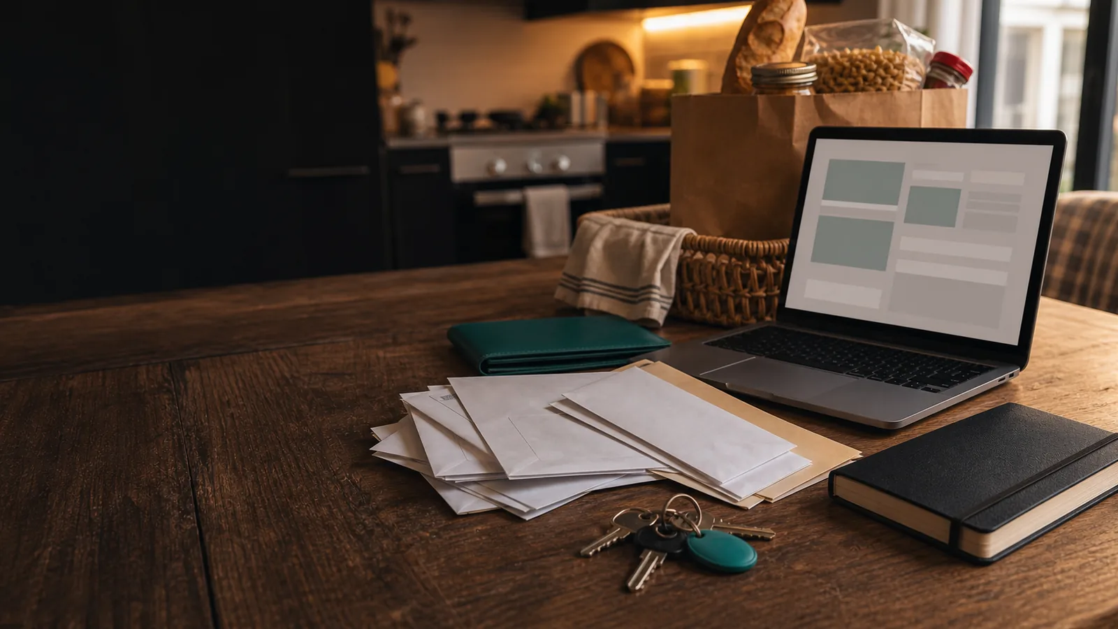 Household money planning scene with groceries, bills, keys, and a laptop