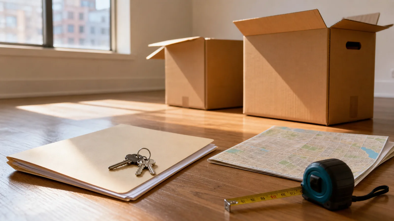 Apartment keys, moving boxes, map, and measuring tape in an empty room