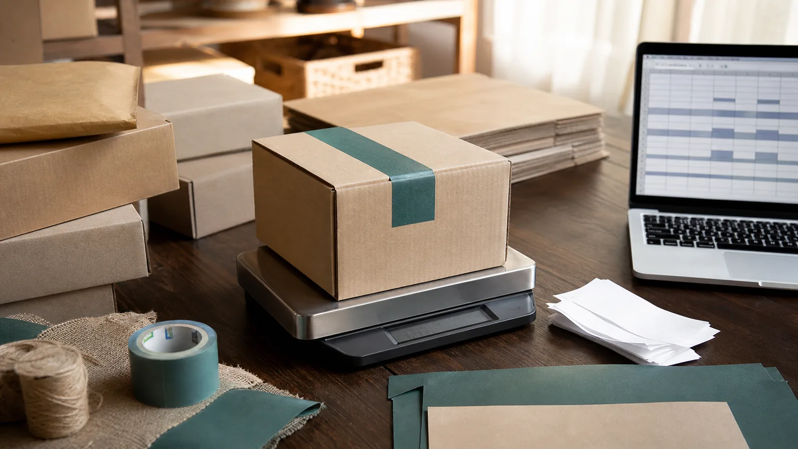 Home packing station with parcels, scale, receipts, and laptop for side income planning
